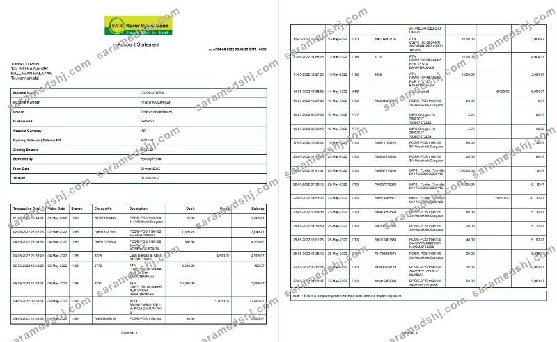 India KVB bank statement 2 pages